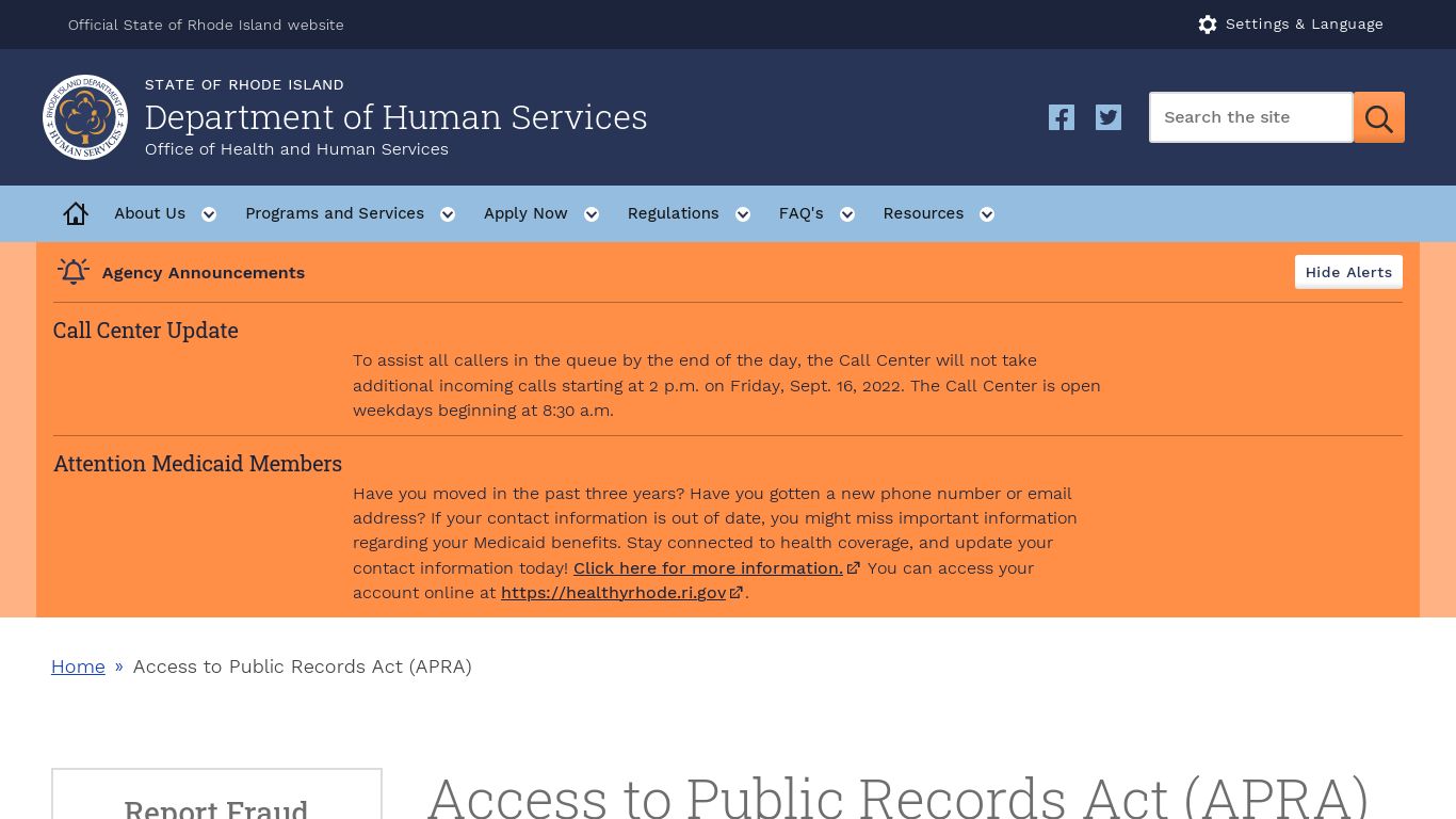 Access to Public Records Act (APRA) | RI Department of Human Services