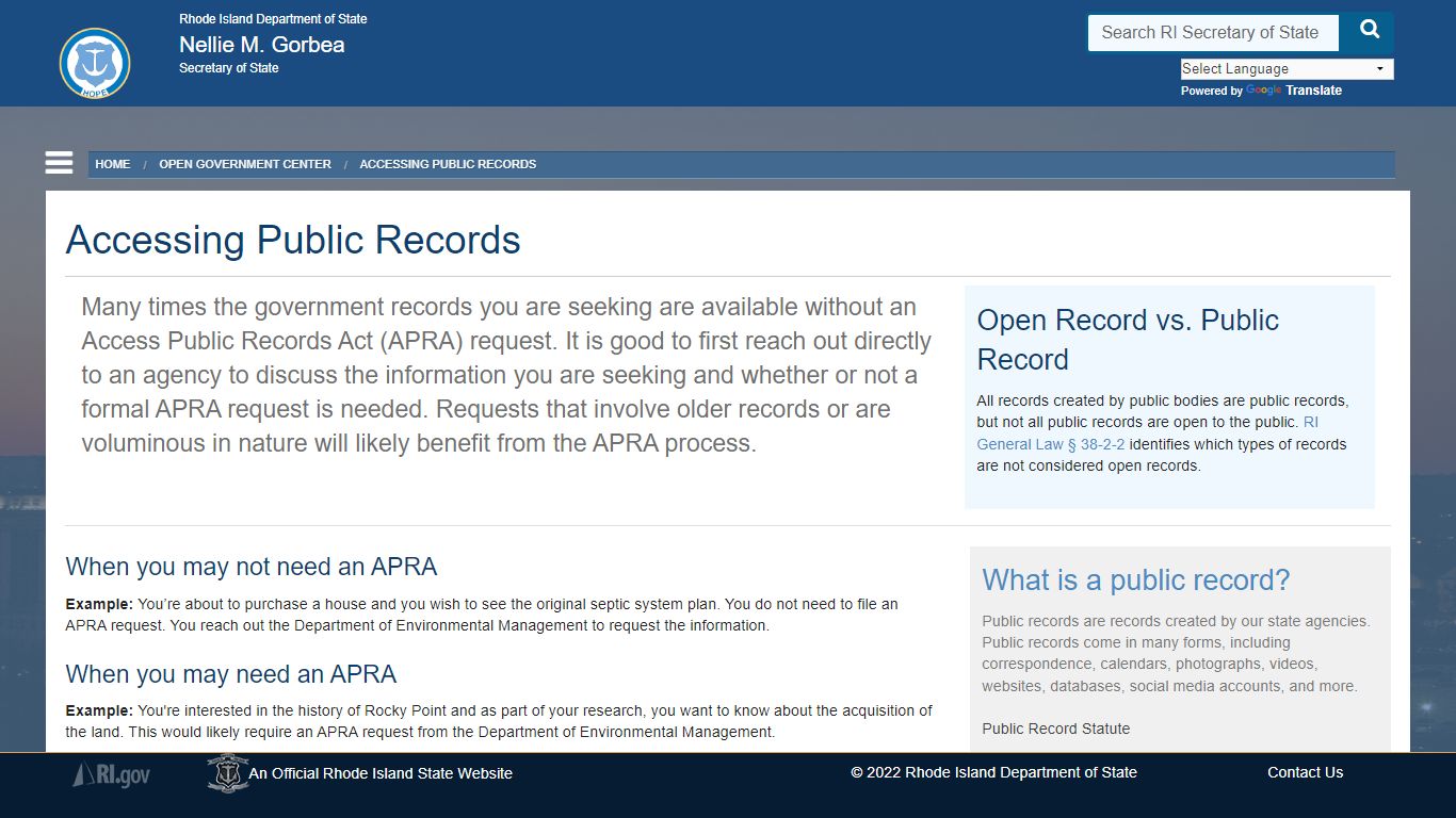 Accessing Public Records - Rhode Island - Nellie M. Gorbea